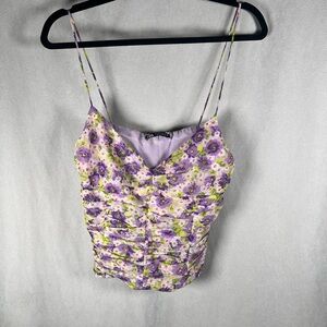 Zara Spring Floral Printed Longer Cropped Tank Top - Medium in Purple/GreenMulti